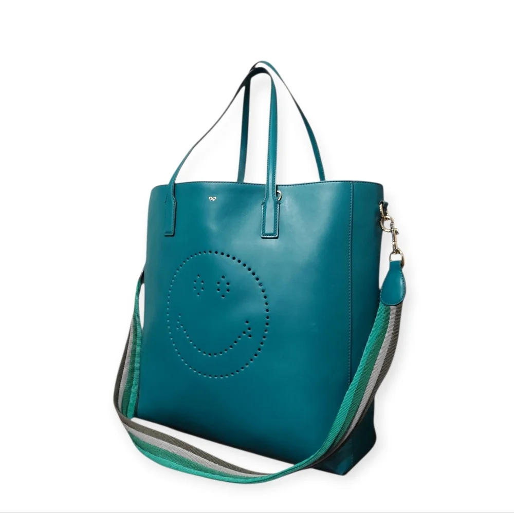 Anya Hindmarch Teal Smile Perforated Leather Tote